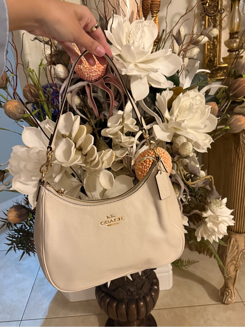 Coach Cream Pebbled Leather Shoulder Bag with Gold Hardware